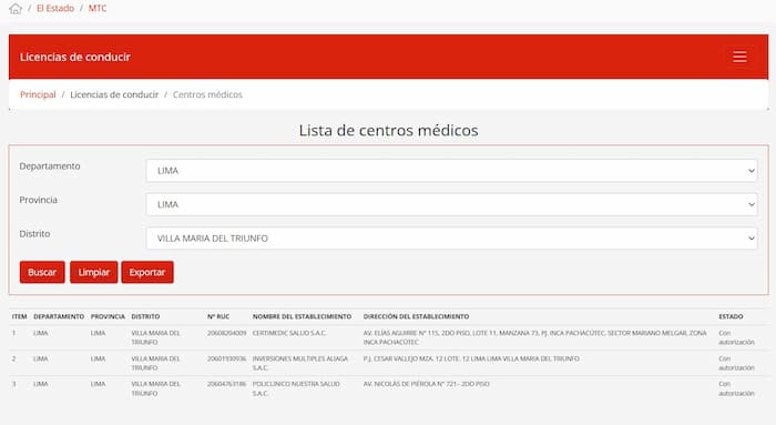centros autorizados mtc
